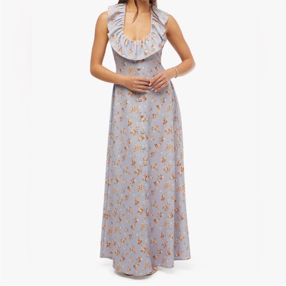 NWT WeWoreWhat RUFFLE HALTER DRESS
ICELANDIC BLUE / S